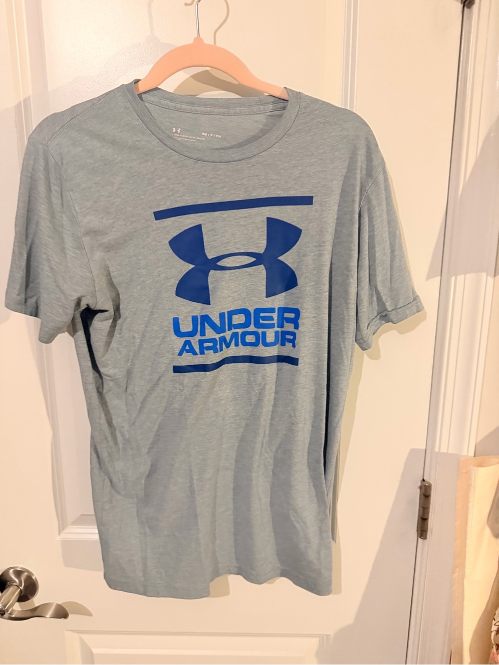 Under Armour Men's Heather Gray Tee with Blue Logo